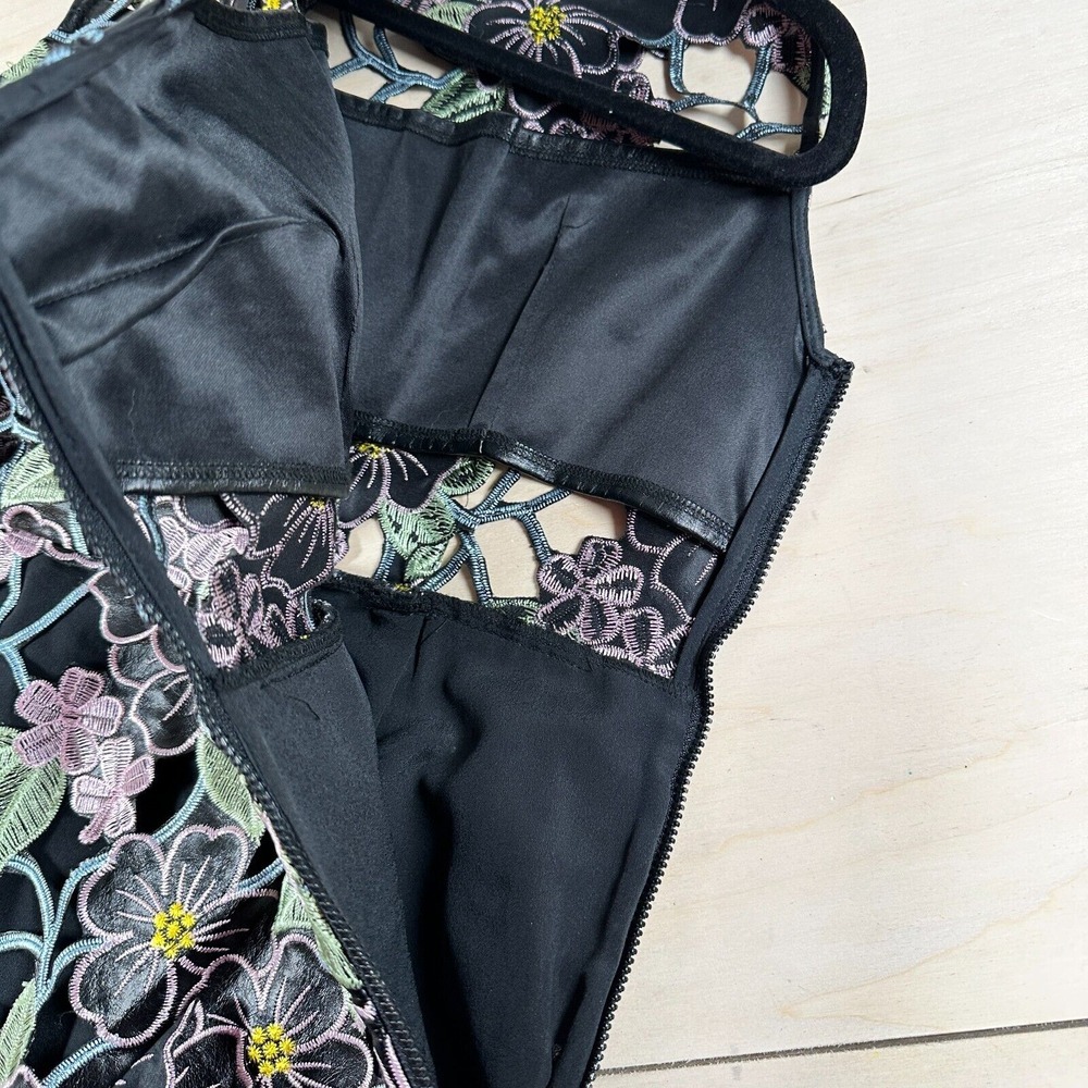 Topshop Black Multi PU Leather‎ Lace Floral Appliqué Shift Dress 6 Embroidered - Picture 11 of 13